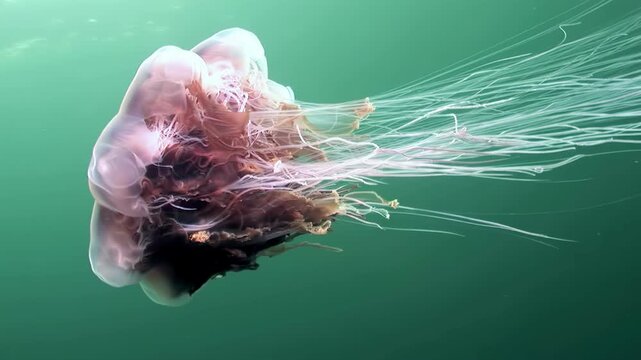 Observe a Lion's Mane Jellyfish gliding gracefully in its natural habitat. This magnificent creature floats through the frigid waters of the Arctic Ocean.