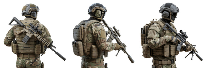 Set for Three Soldiers in Full Combat Gear with Rifles isolated on transparent background