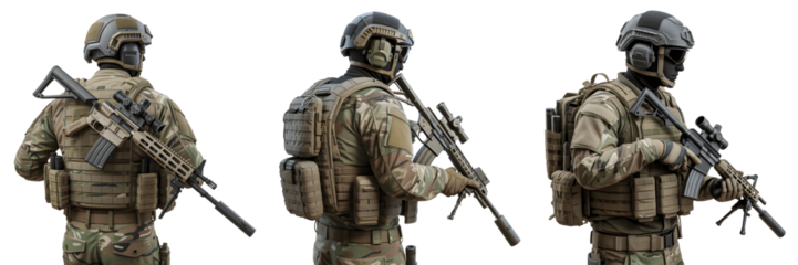 Set for Three Soldiers in Full Combat Gear with Rifles isolated on transparent background