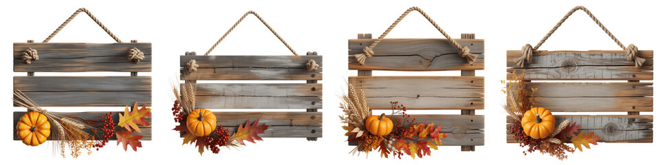 Set for Four Rustic Fall Harvest Wooden Crate Signs isolated on transparent background