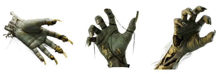 Set for Three Creepy Zombie Hands Reaching Out isolated on transparent background