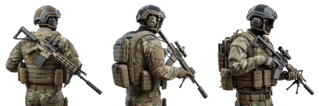 Set for Three Soldiers in Full Combat Gear with Rifles isolated on transparent background - Powered by Adobe