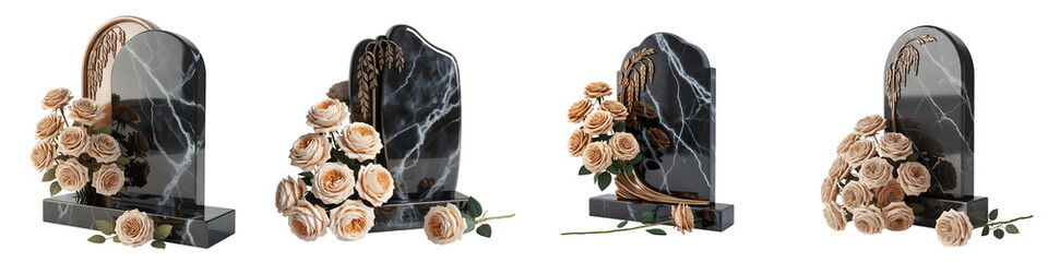 Set for Black Marble Headstone with Memorial Roses isolated on transparent background