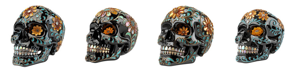 Set for Weathered Skull Overgrown with Green Moss isolated on transparent background