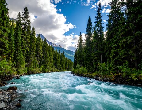 Turquoise river rushing through a pine forest