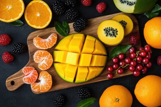 A vibrant display of fruits and vegetables arranged on a wooden cutting board, showcasing a variety of colors and textures. - Powered by Adobe