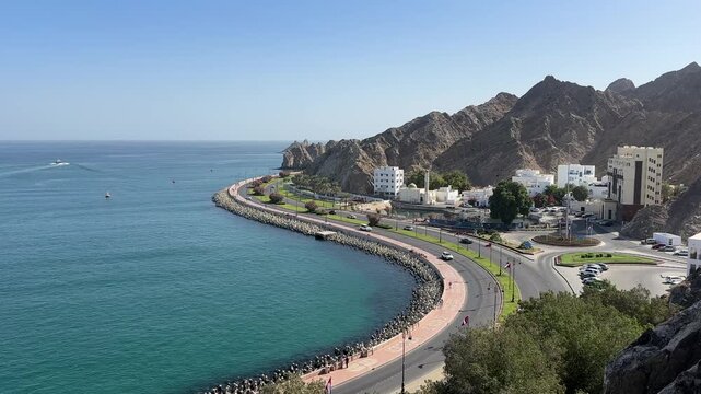 Muscat Corniche 4K Waterfront Coastal Cityscape Mutrah Harbor Oman Gulf Middle East Seaside Promenade Footage