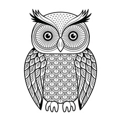 Stylized Black and White Outline Drawing of an Owl with Intricate Patterns Keywords: owl, bird, animal, wildlife, illustration, drawing, outline