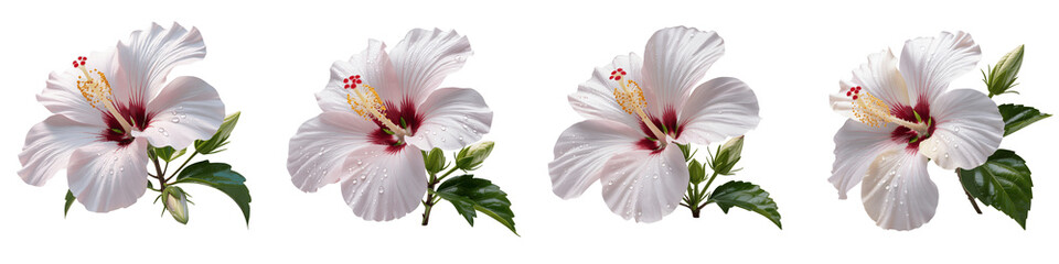 Set for Four Delicate White Hibiscus Flowers isolated on transparent background