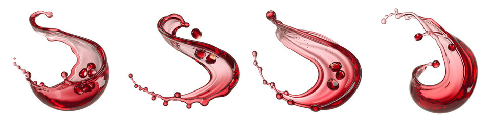 Set for Four Dynamic Splashes of Red Wine isolated on transparent background