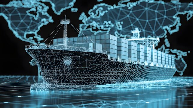 Massive cargo ship navigates global logistics network, symbolizing international trade and digital supply chain innovation with stunning wireframe visualization
