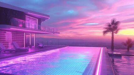 Modern luxury villa with infinity pool under neon vaporwave sunset - Powered by Adobe