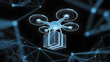 Futuristic drone delivering package with glowing wireframe technology network connecting abstract digital data points in dark blue background