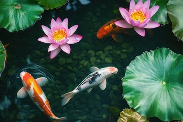 A serene pond with vibrant koi fish, blooming pink and white water lilies, and lush green lily pads, creating a tranquil setting.