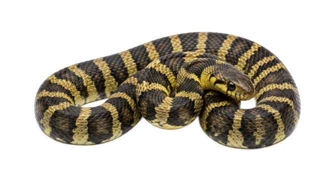 Checkered keelback snake a non-venomous snake with yellow and black stripes isolated on white background
