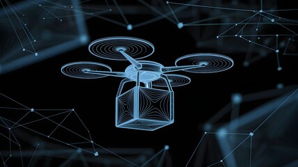 Futuristic drone delivers package through abstract digital network, symbolizing modern logistics and innovation in global delivery systems.
