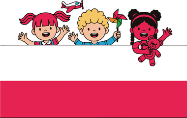 A group of three diverse, happy cartoon children waving and holding toys (airplane, pinwheel, teddy bear) peeking over a white banner set against a red background, similar to the colors of the Polish 