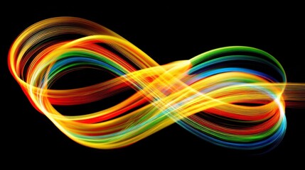 Colorful Light Trails on a Black Background Creating an Abstract Pattern of Curves and Waves in Vibrant Shades