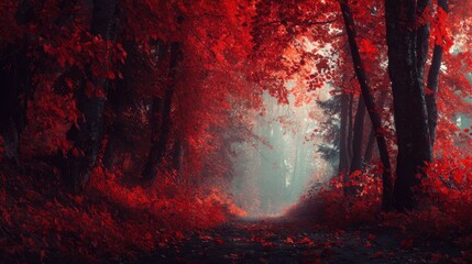Captivating Red Forest Pathway with Vibrant Fall Foliage and Mystical Atmosphere in Tranquil Nature Landscape