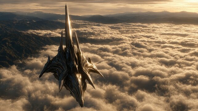 Floating Futuristic Spaceship Above Clouds At Sunset