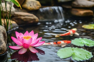 A serene pond with a vibrant pink lotus flower in the foreground, surrounded by a variety of koi fish and green lily pads, set against a backdrop of rocks and a small waterfall.