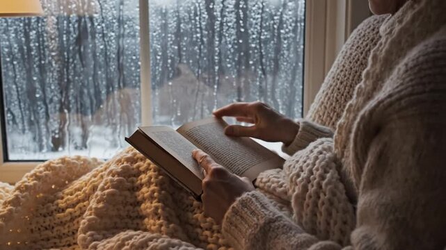 Person reading a book by a window on a rainy day while wrapped in a cozy blanket and wearing a sweater