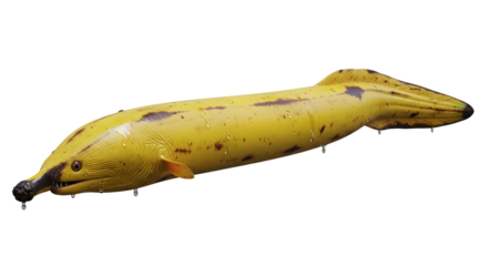 Banana fish sculpture a whimsical and surreal art installation isolated on a white background