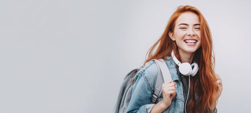 The young woman with red hair smiling while carrying backpack and wearing headphones - Powered by Adobe