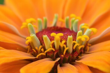 A vibrant orange flower with a red center and green petals, set against a backdrop of green leaves.