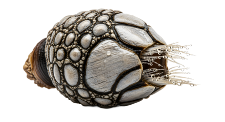 Goose barnacle isolated on white a marine crustacean attached to a shell showing its cirri used for filter feeding