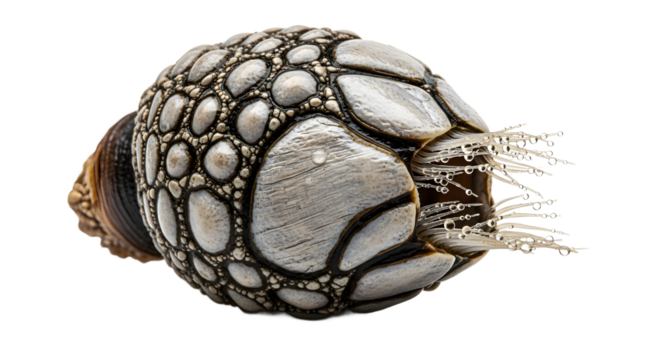 Goose barnacle isolated on white a marine crustacean attached to a shell showing its cirri used for filter feeding