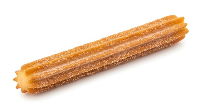 Single churro sprinkled with sugar isolated on white background