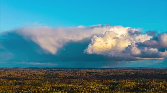 Large low-level arcus cloud formation over a forested landscape time lapse