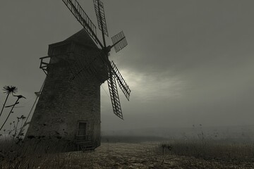 Old Windmill In A Foggy Field