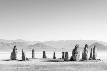 Black And White Desert Landscape With Stone Structures