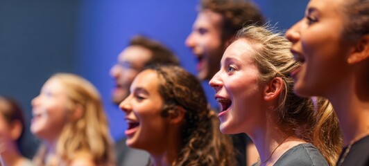 The Singers in a Youth Choir Performing Joyful Harmonies on Stage Under Blue Lights