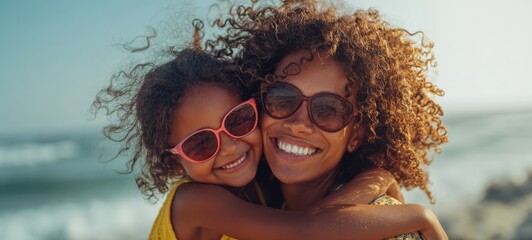The Mother and Daughter Embracing on a Sunny Beach with Sunglasses and Smiles