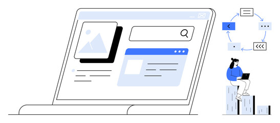 Laptop screen showing website interface elements, search bar, and user flow. Individual working with a laptop beside process icons. Ideal for web development, UIUX design, workflow, digital strategy