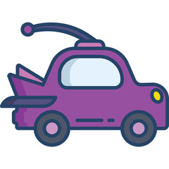 Purple cartoon car with fins and antenna on a transparent background with a blue window and yellow headlight