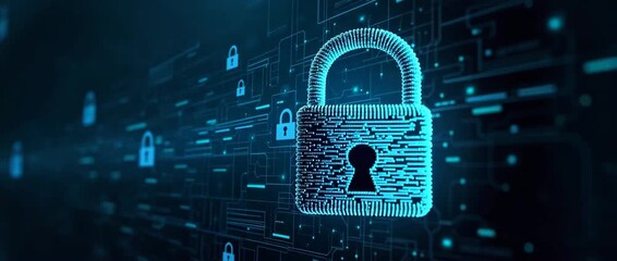 Futuristic digital lock rotates slowly as camera pans across a sleek, cyber-themed network grid in a cinematic style, emphasizing cybersecurity, data protection, and technology innovation. - Powered by Adobe