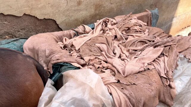 Marrakech tannery vats and rooftop drying racks with dyed animal hides under the hot Moroccan sun, showcasing traditional leather craftsmanship in the historic medina