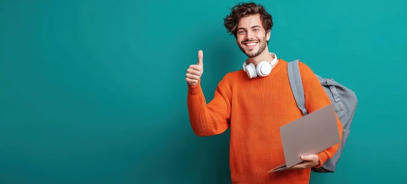 The young man with laptop and backpack giving a thumbs up - Powered by Adobe