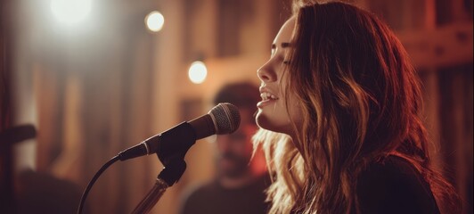 The singer performing passionately into a microphone under warm wooden studio lights