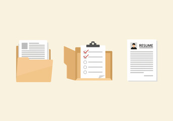 Three office document icons a folder with paper, a clipboard with a checklist, and a resume, representing paperwork