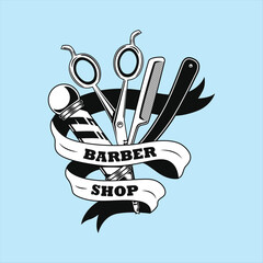 Classic barber shop logo featuring traditional barber pole scissors comb and straight razor wrapped in a banner against a light blue background perfect for branding and design use