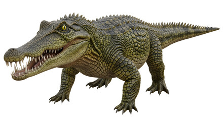 Naklejka premium Kaprosuchus saharicus isolated on white background an extinct genus of mahajangasuchid crocodyliform illustration of prehistoric reptile