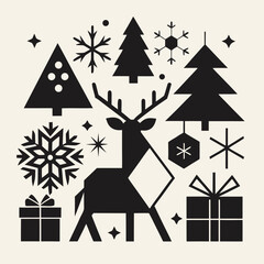 Minimal Winter Christmas Icons with Reindeer, Trees and Snowflakes – Holiday Vector Design