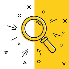 Magnifying glass on a split yellow and with abstract shapes and lines, symbolizing search and discovery