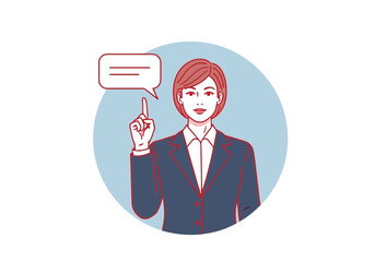 Businesswoman pointing up with a speech bubble, representing an idea or suggestion