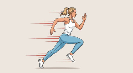 Woman running fast with motion blur lines, representing speed, fitness, and athleticism